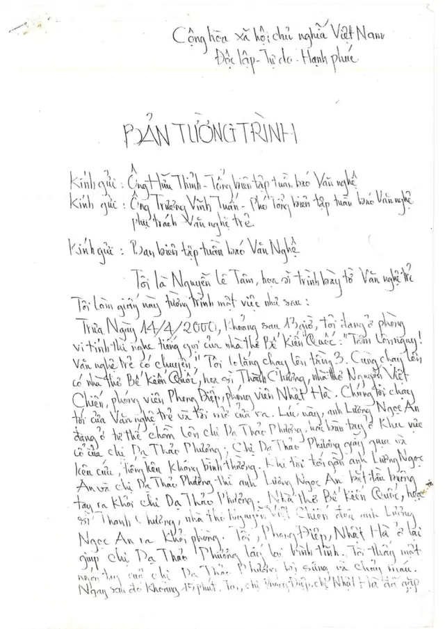 Bản photocopy tường trình vụ việc ngày 14/4/2000