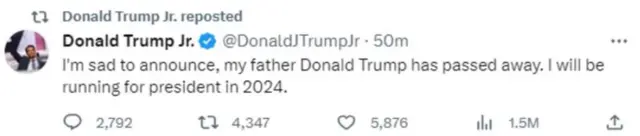 صورة عن تغريدة ابن دونالد ترامب قبل حذفها