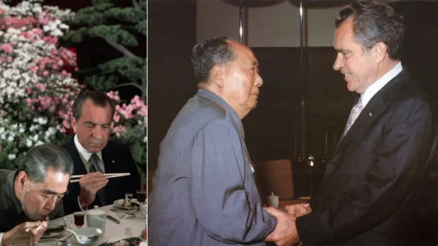 Tổng thống Mỹ Richard Nixon thăm Trung Quốc vào năm 1972, đánh dấu một bước chuyển quan trọng thời Chiến tranh Lạnh. Trong ảnh: Thủ tướng Trung Quốc Chu Ân Lai (trái) và Nixon dự quốc yến tại Đại lễ đường Nhân dân; Chủ tịch Mao Trạch Đông đón Nixon.