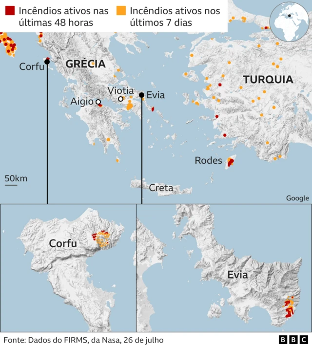 Mapas mostram evolução dos focosjogos infantis on lineincêndio na Grécia