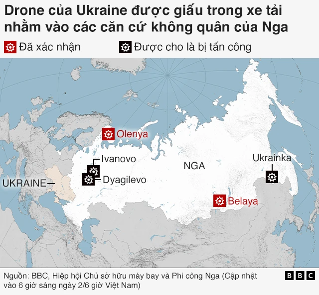 minh họa địa điểm mà Ukraine tấn công Nga