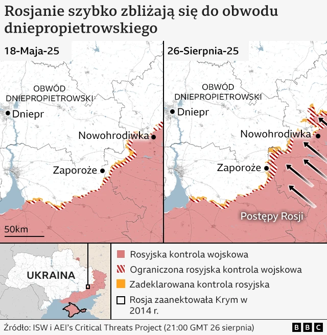 Mapa przedstawiające postępy Rosji w kierunku obwodu dniepropietrowskiego