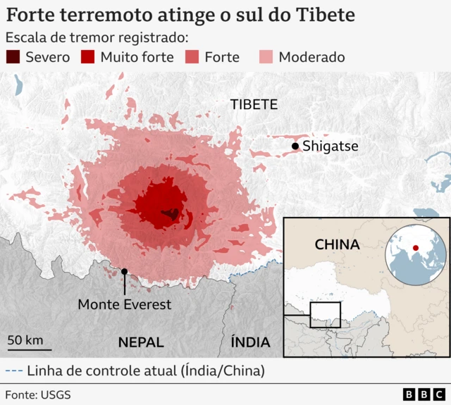 Local onde terremoto atingiu o Tibete