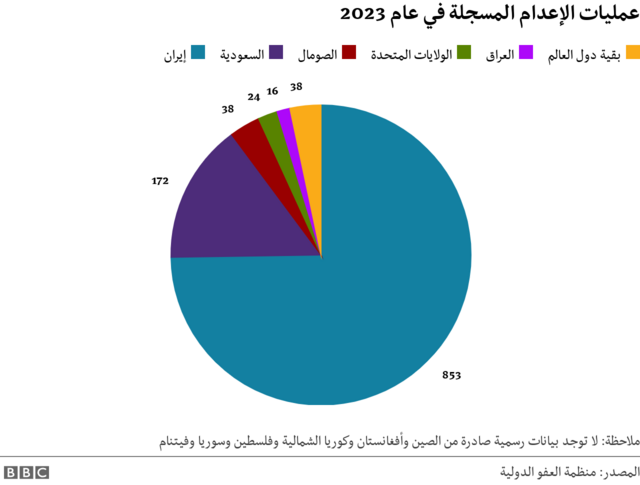 رسم بياني يوضح عمليات الإعدام المسجلة في العالم لعام 2023