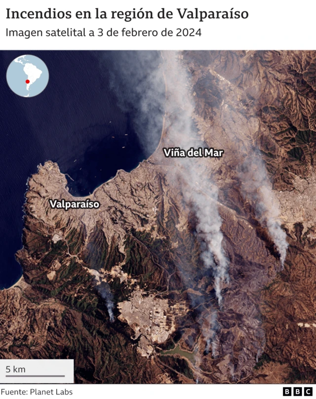 Imagen satelital de los incendios en la región de Valparaíso