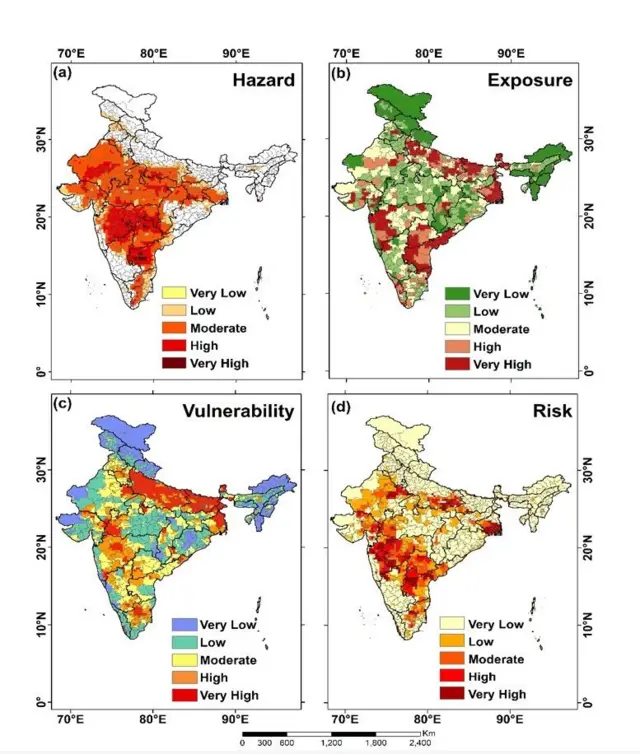 भारतासाठी उष्णतेच्या लाटेचा धोका, संपर्क, असुरक्षितता निर्देशांक आणि एकत्रित उष्णतेच्या लाटेमुळे आरोग्य जोखीम निर्देशांक दर्शवणारे नकाशे