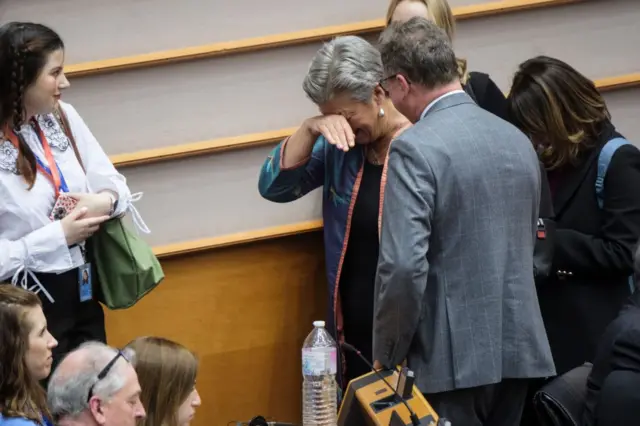 AP'nin İçişleri Komiseri Ylva Johansson oylamanın geçmesi ile sevinç gözyaşları döküyor.