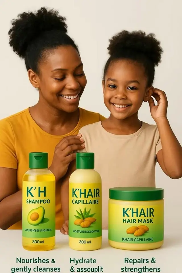 Des huiles en boîte pour des soins capillaires devant une femme et un enfant aux cheveux crépus.