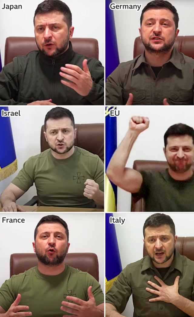 Hoton da ke nuna Shugaba Zelensky yana jawabi a wurare daban-daban