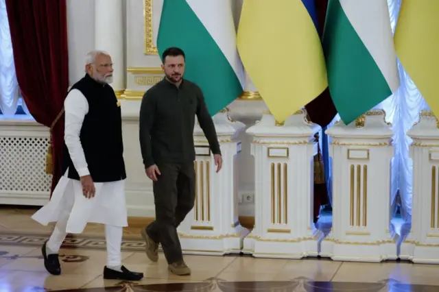 Зеленський у зеленому светрі і зелених штанях йде поруч з Моді у біло-чорному одязі на фоні прапорів Індії та України 