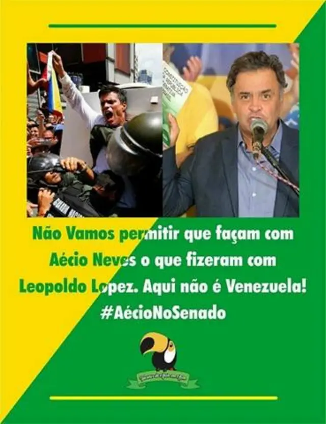 Postagem da página 'Aécio Neves Tucanos Com Aécio Em Ação' diz: 'Não vamos permitir que façam com Aécio Neves o que fizeram com Leopoldo Lopez. Aqui não é Venezuela!'