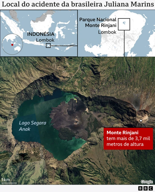Mapa mostra Monte Rinjani onde a turista brasileira Juliana Marins se acidentou