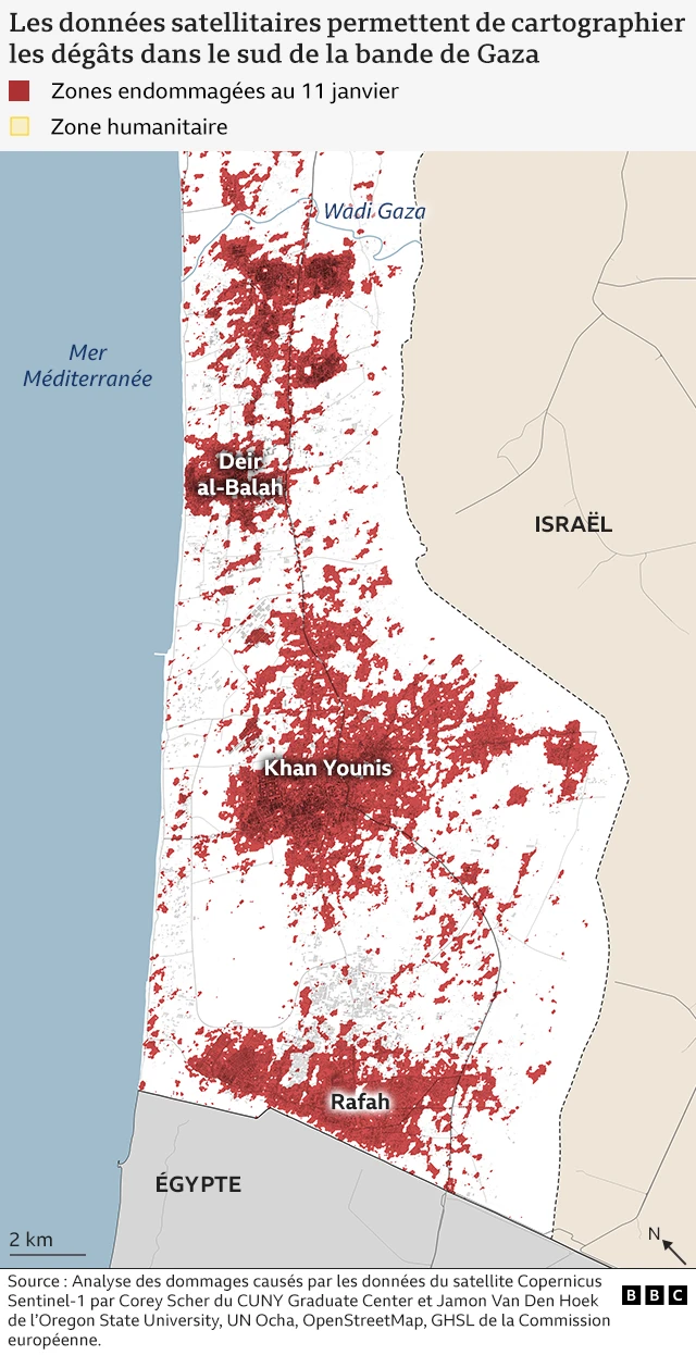 Images satellite des dégâts dans le sud de la ville de Gaza 