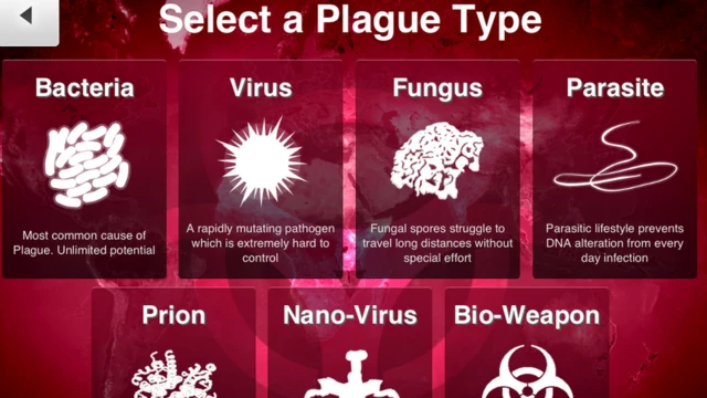 Tela do jogo Plague Inc. diz: 'Selecione um tipo1xbet à installerpraga: bactéria; vírus; fungo; parasita; prion; nanovírus; arma biológica'