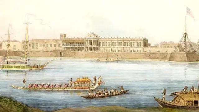 কাশিমবাজারে হুগলি নদীর পারে ইংরেজ কুঠি। অজ্ঞাতনামা শিল্পীর আঁকা ওয়াটার কালার।