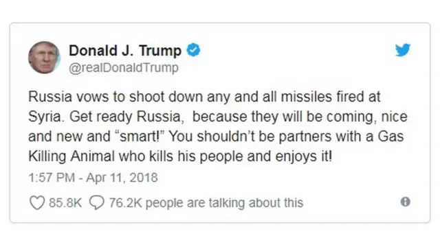 Trump avuga ko Uburusiya bwiyemeje gukorora "missiles" zitewe kuri Siriya, abusaba kwitegura ngo zizorungikwa