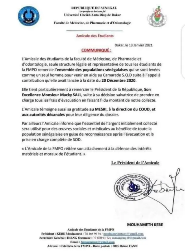 L'Amicale des Etudiants de la Faculté de Médecine, de Pharmacie et d'Odontologie ont remercié le président Sall.