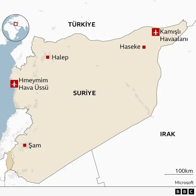Suriye haritası üzerinde Kamışlı Havaalanı ve Hmeymim Hava Üssü