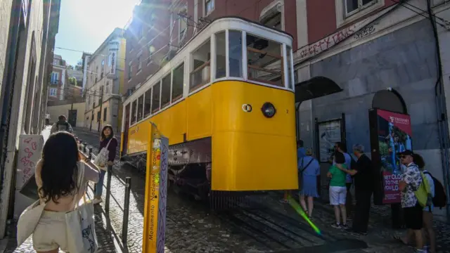 Żółta kolejka linowo-terenowa Gloria na ulicy. Kilka osób robi jej zdjęcia.