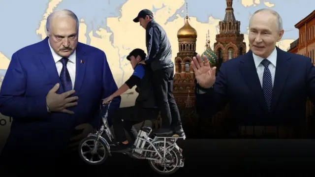 Rossiya va Belarus presidentlari migrantlar fonida.