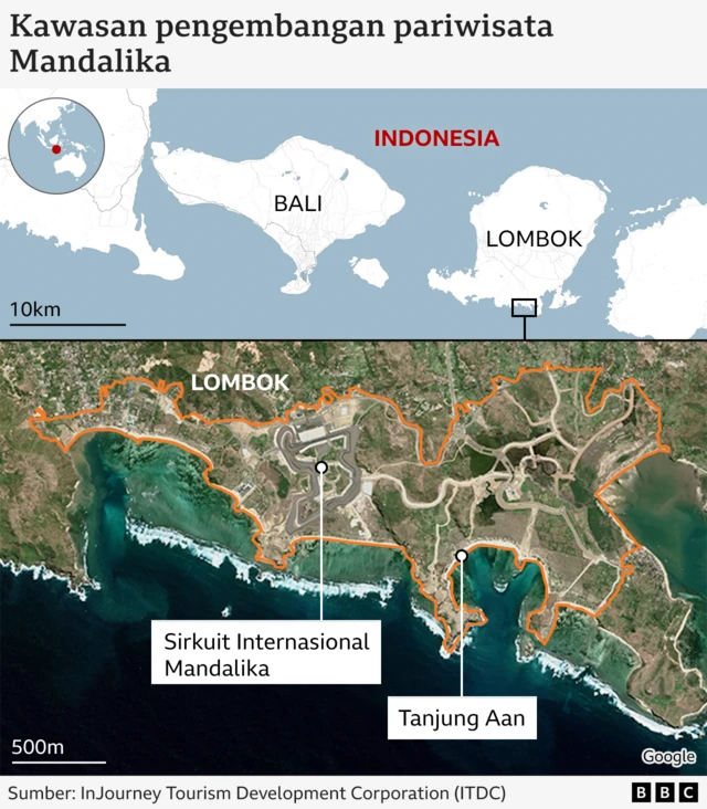 Peta pengembangan pariwisata Mandalika. Di bagian atas terdapat gambar pulau Bali dan Lombok. Di bagian bawah, peta diperbesar ke kawasan Mandalika dengan detil poin di Sirkuit Internasional Mandalika dan Pantai Tanjung Aan.