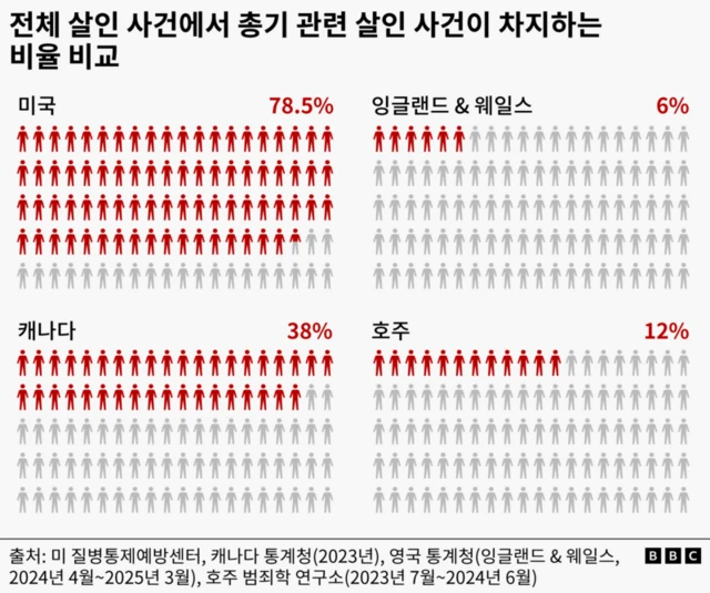 전체 살인 사건에서 총기 관련 살인 사건이 차지하는 비율 비교