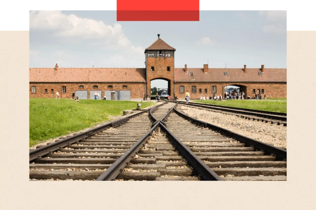 Entrance gates and railway lines at Birkenau, Auschwitz Concentration Camp in Poland