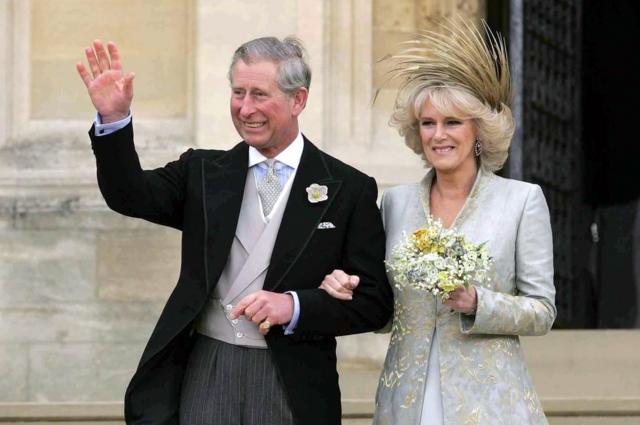 Prince of Wales leaving St George's Chapel, Windsor with the Duchess of Cornwall after a Service of Prayer and Dedication on the day of their marriage