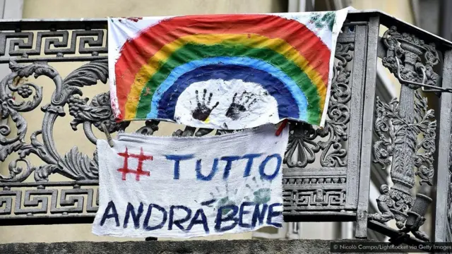 Плакат на балконі в Турині з написом "Усе буде добре"