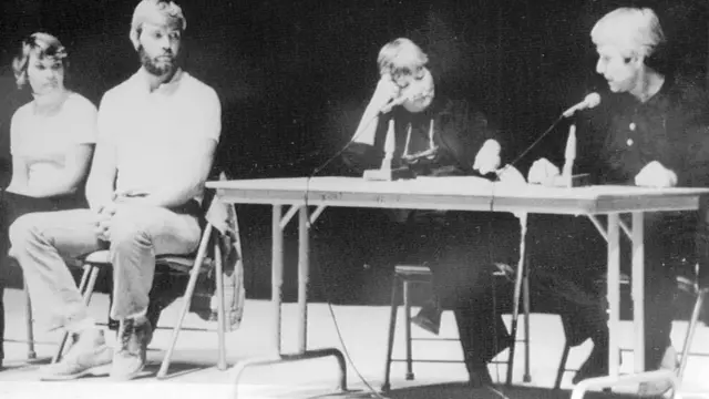 (Original Caption) The Lincoln County Sheriff's office identifies the mysterious couple at the right in this exclusive Oregon Journal photo as "The Two" which conducted a meeting at Waldport September 14th, in which volunteer followers vanished on a trip the couple promised would be to a plane higher than Earth. She is Bonnie Lu Trusdale Nettles and he is Marshall H. Applewhite.