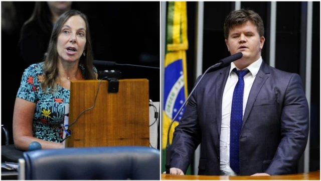 Montagem com duas fotosjogos infantil onlineMara Gabrilli e Felipe Rigoni discursando no Congresso