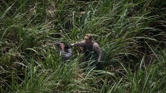 Un agente de la Patrulla Fronteriza de EE.UU. detiene a un inmigrante intentando cruzar la frontera.