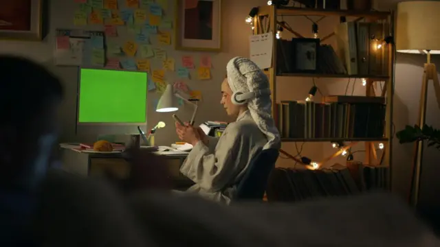 Mulher de roupão, toalha na cabeça e fone de ouvido, sentada em frente ao computador, olhando para o telefone celular, à noite