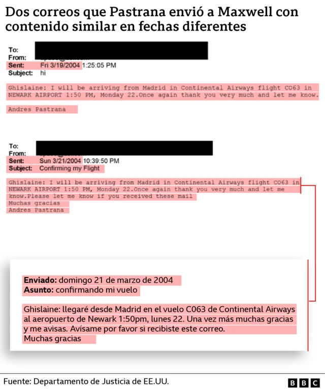 Dos correos de Pastrana envió a Maxwell con contenido similar en fechas diferentes