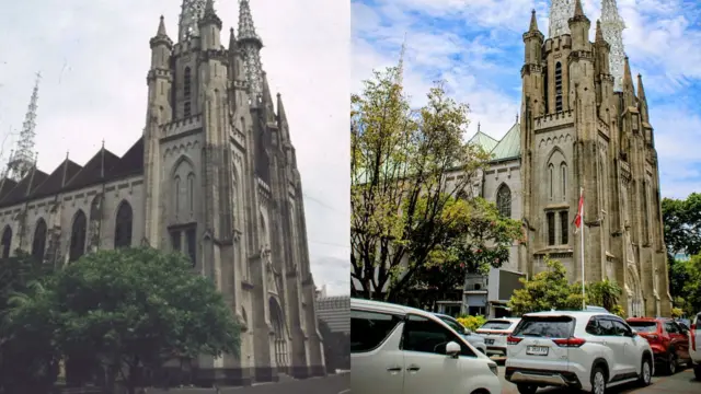 Gereja Katedral di Jakarta, sebelah kiri merupakan foto pada 1984, sebelah kanan pada Oktober 2025.