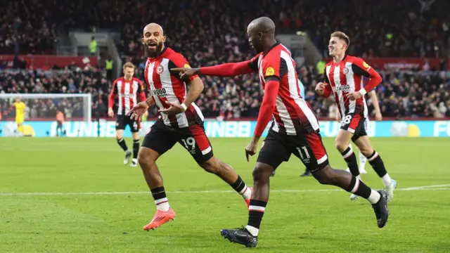Bryan Mbeumo celebrates scoring for former club Brentford