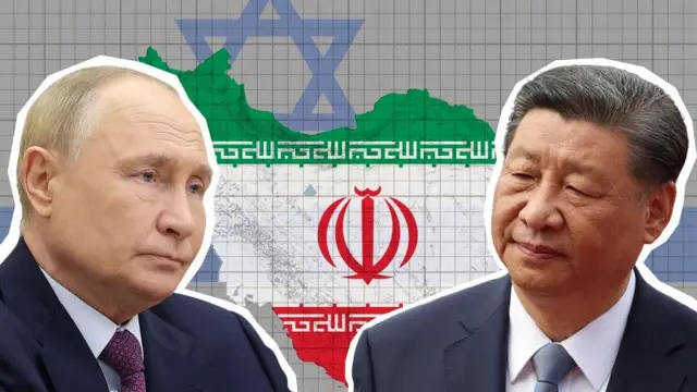 Montagem de fotos com Vladimir Putin e Xi Jinping, sobrepostos a um mapa do Irã com a bandeira do país e à estrela de Davi azul da bandeira de Israel