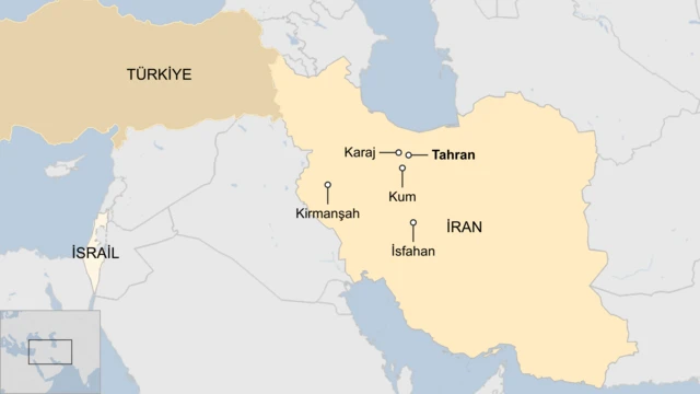 İran'da vurulan bazı şehirleri, Türkiye ve İsrail'i gösteren harita