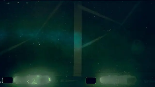 透過昏暗的湖水可以看到一些結構。