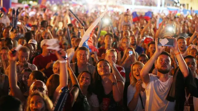 Fan"s zone, Sochi, Russia June 19, 2018 Russian fans react during the match.
