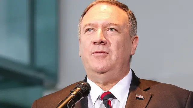 US Secretary of State Mike Pompeo speaks during a press statement at the German Chancellery in Berlin, Germany, 08 November 2019