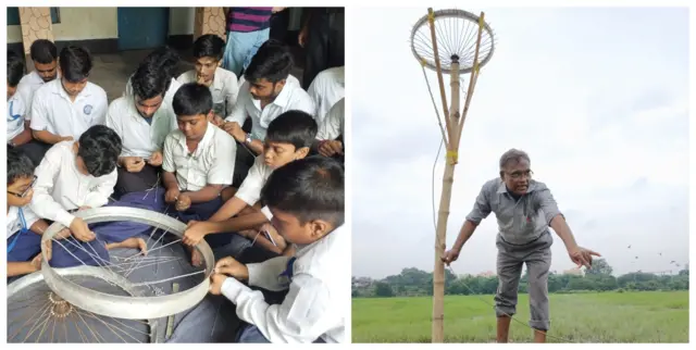 বজ্র নিরোধক যন্ত্র বসাচ্ছেন শিক্ষক পশুপতি মণ্ডল (ডাইনে), অ্যালুমিনিয়াম পাত, তামার তার আর বাঁশের খুঁটি -এ দিয়ে বজ্র নিরোধক বানাচ্ছে স্কুল ছাত্ররা (বাঁয়ে)