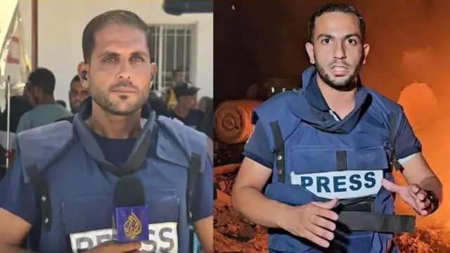 Anas Al-Sharif (derecha) y Mohammed Qreiqeh (izquierda), ambos vestidos con chalecos antibalas en los que dice "Prensa", durante la cobertura informativa de la guerra de Gaza.