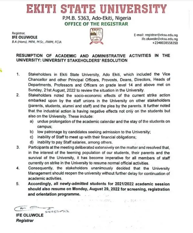 Ekiti State University announce resumption for newly admitted student