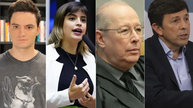 Montagem com retratos de Felipe Melo, Tabata Amaral, Celso de Mello e João Amôedo
