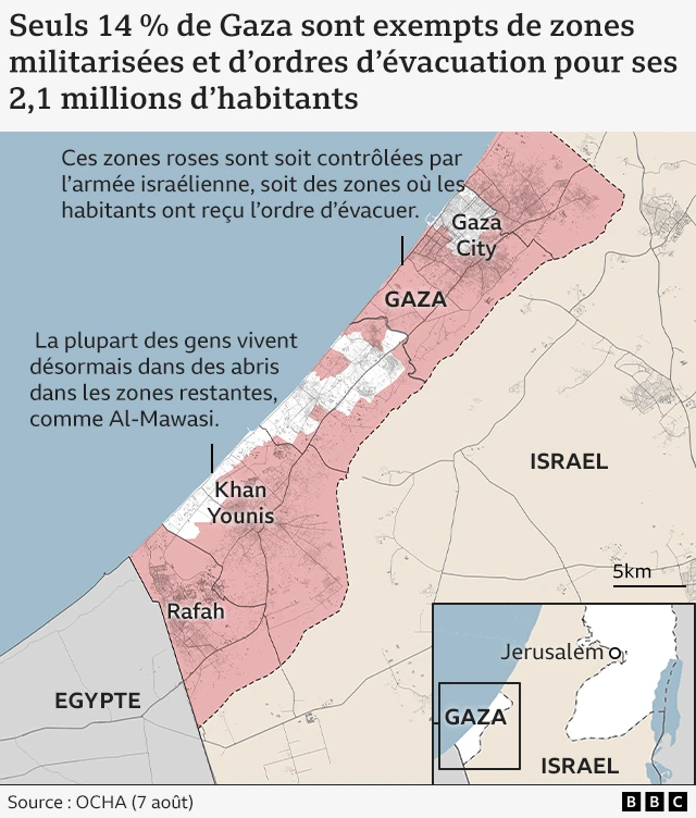 Carte montrant la majeure partie de la bande en rose, indiquant les zones contrôlées par l’armée israélienne ou celles où la population a reçu l’ordre d’évacuer. 