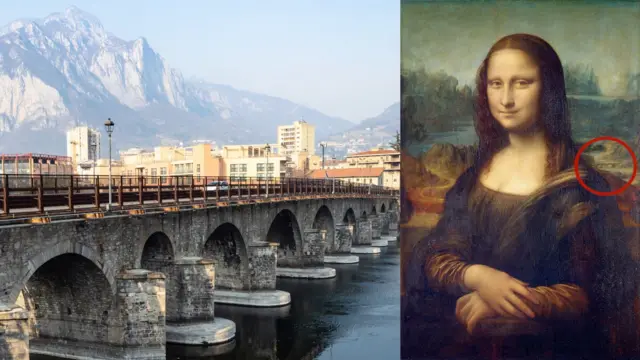 A imagem da ponte Ponte Azzone Visconti (Ponte Vecchio) sobre o rio Adda do Lago Como, na cidade de Lecco, Itália