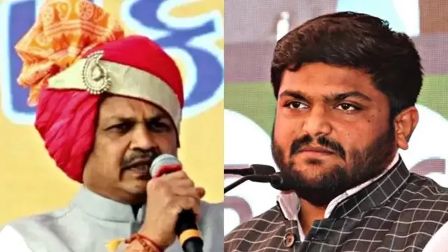 2017માં હાર્દિક પટેલ (જમણે)નો પાટીદાર અનામતથી માગથી ઉદય થયો હતો. હાલ હાર્દિક ભાજપમાં છે. ડાબે, પાટીદાર અગ્રણી નરેશ પટેલ