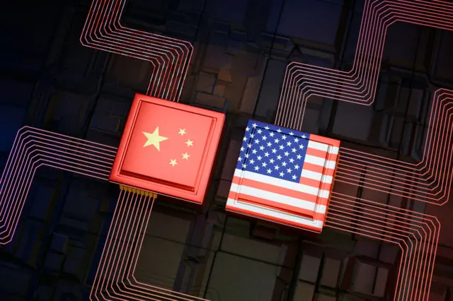 3D做圖，中美國旗與晶片