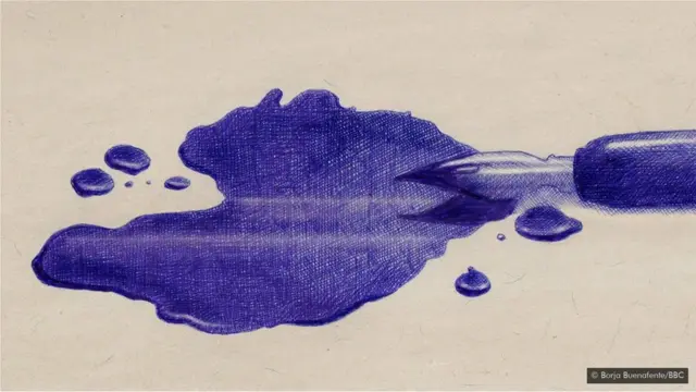 Dessin d'un stylo à plume, posé côté d'une épaisse couche d'encre bleue